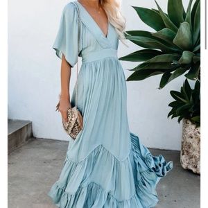 Floor Length Half Sleeve V Neck Maxi Dress
